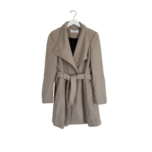 Calvin Klein Medium Winter Pea Coat Jacket Neutral Tan Taupe Work Lux Designer - Picture 1 of 12